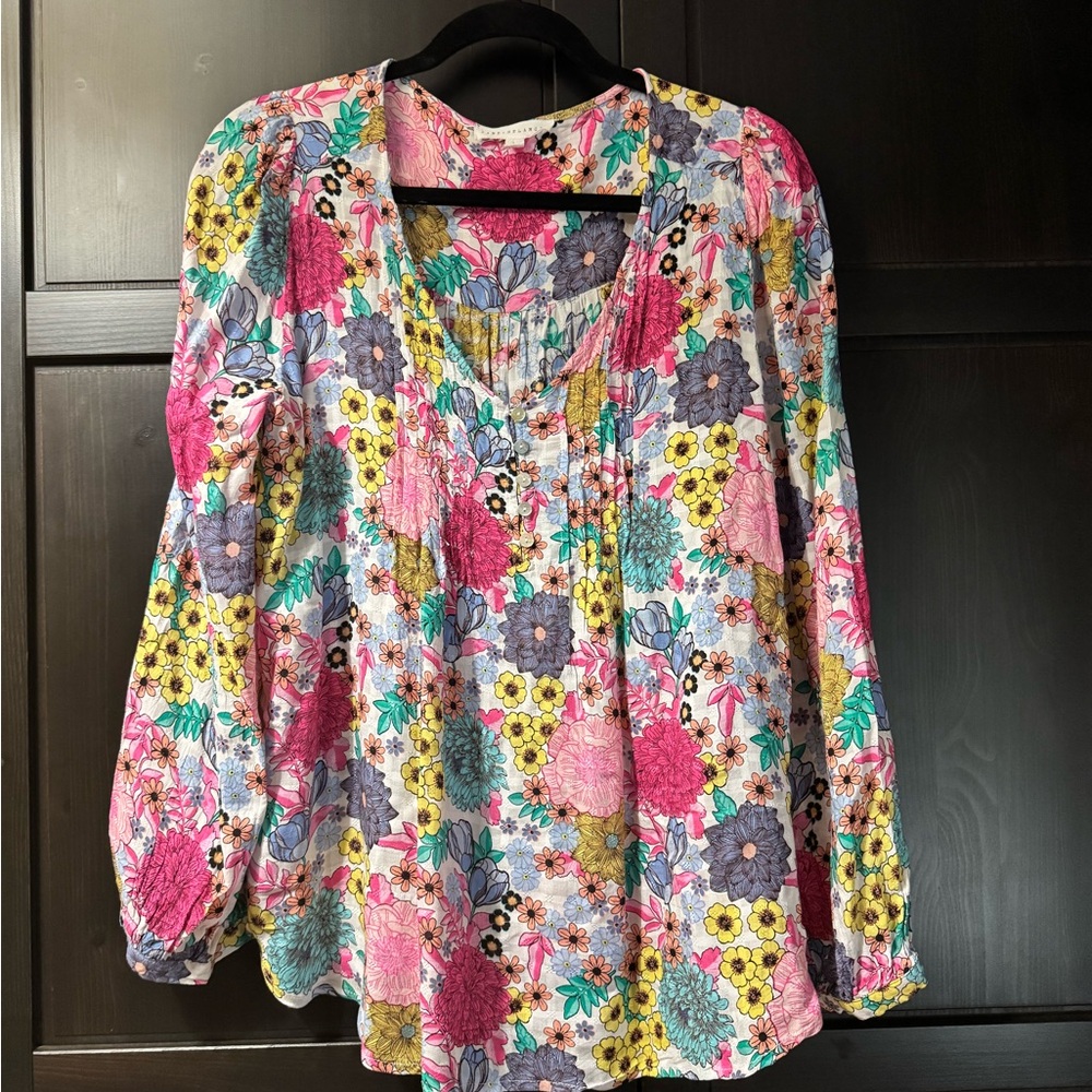 Jane and Delancey Pink and Yellow Relaxed Puff Sleeve Blouse